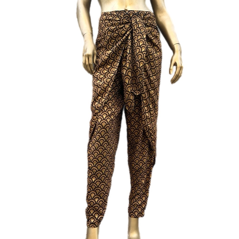 Vintage Christina Fairbanks Art Deco arch pattern pants-wrap around tie, rayon M